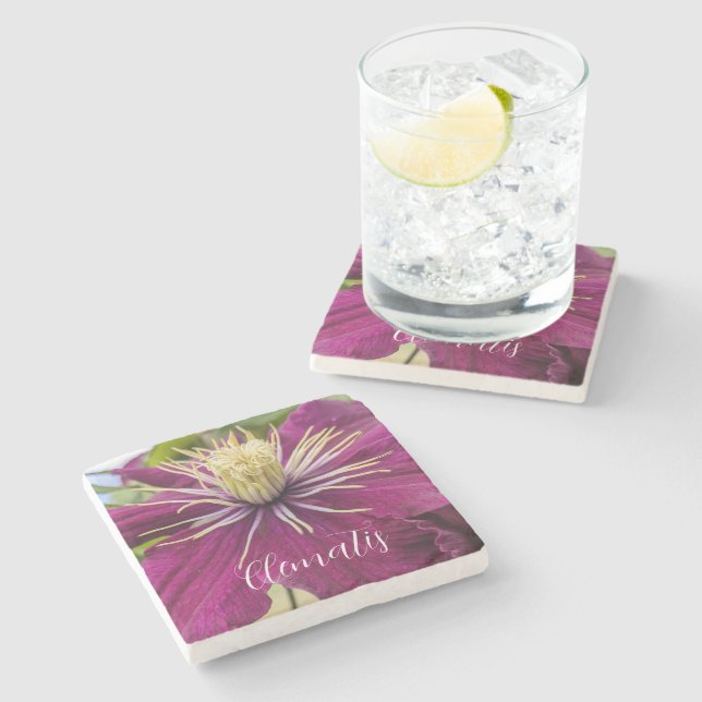 Purple Clematis Bloom Floral Stone Coaster (Side)