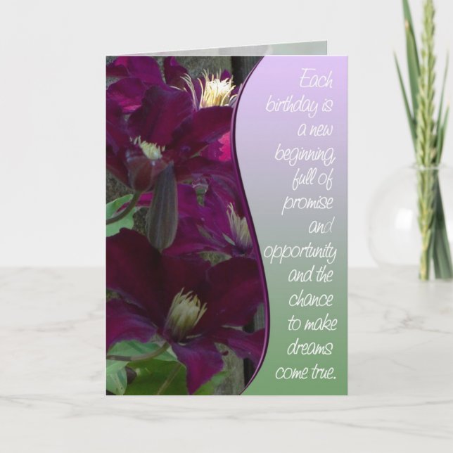 Purple Clematis Happy Birthday Card (Front)