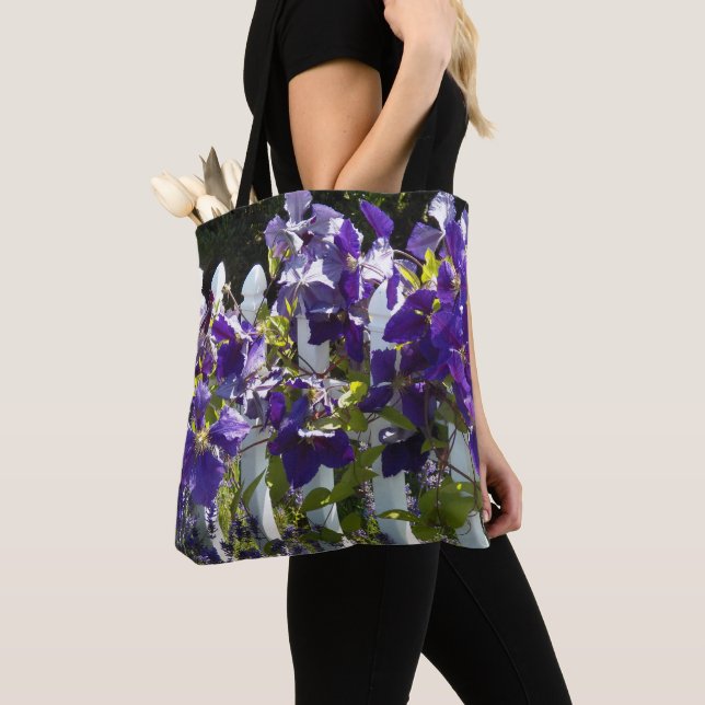 Purple Clematis on White Fence Floral Tote Bag (Close Up)