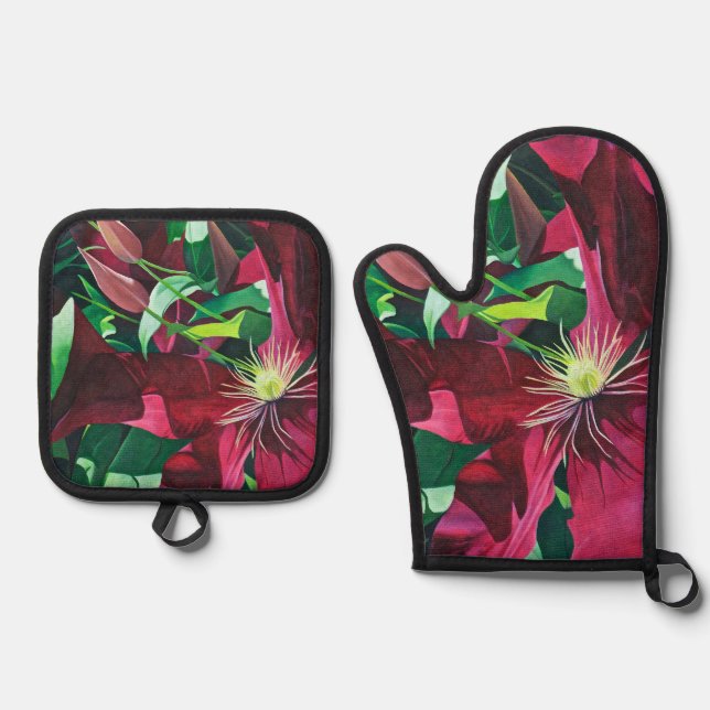 Purple Clematis Painting Oven Mitt & Pot Holder Set (Front)