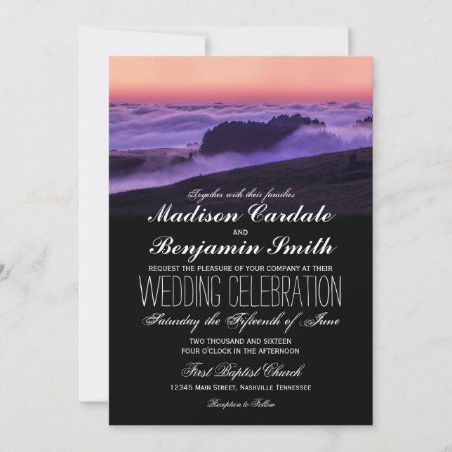 Purple Clouds Sunset Mountain Wedding Invitations (Front)
