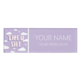 Purple Clouds They She Pronouns Name Tag