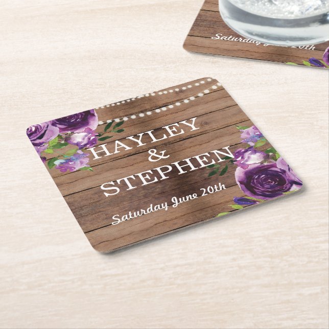 Purple Coasters Rustic Wood Flowers Wedding Party (Angled)