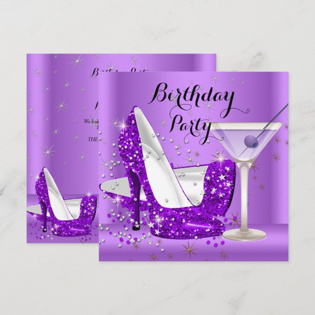 Purple Cocktail Glitter High Heels Birthday Party Invitation (Front/Back)