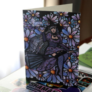 Purple Coffee Witch Daisy Art Card