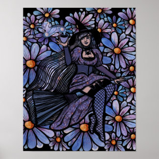 Purple Coffee Witch Daisy Art Poster