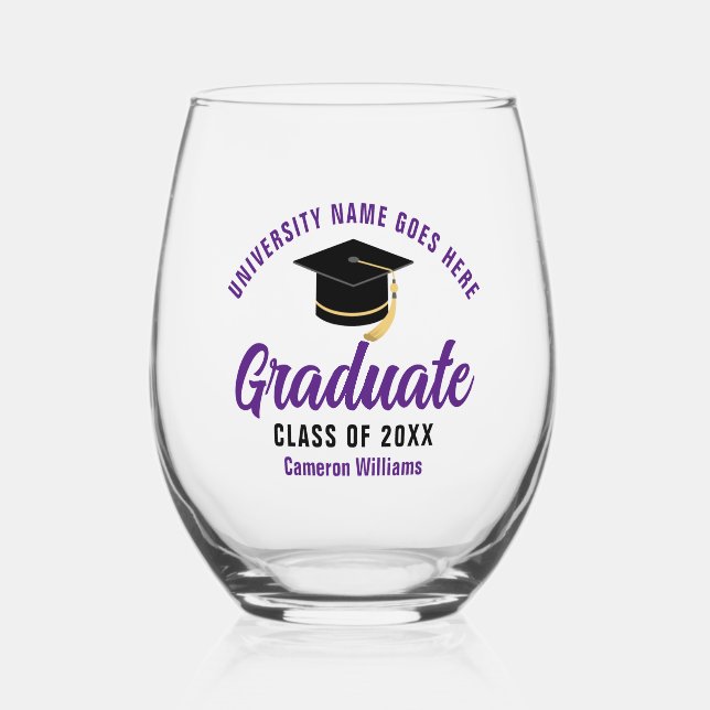 Purple College Graduation Custom 2025 Graduate Stemless Wine Glass (Front)