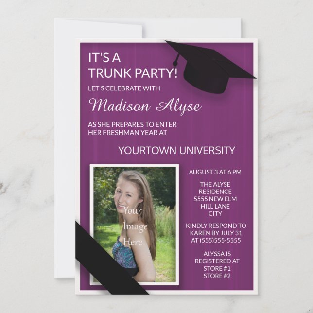 Purple College Trunk Party Photo Invitation (Front)