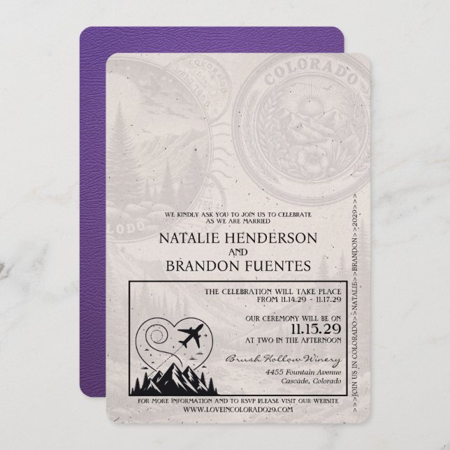 Purple Colorado Passport Wedding Invitation (Front/Back)
