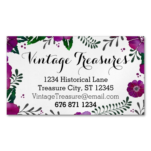 Purple Colour Floral Pattern Magnetic Business Card (Front)