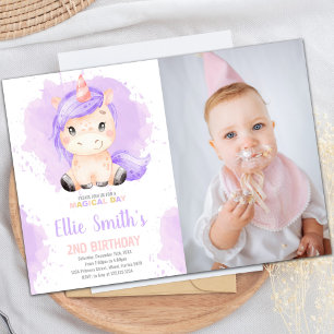 Purple Colour Unicorn Birthday Invitations w photo