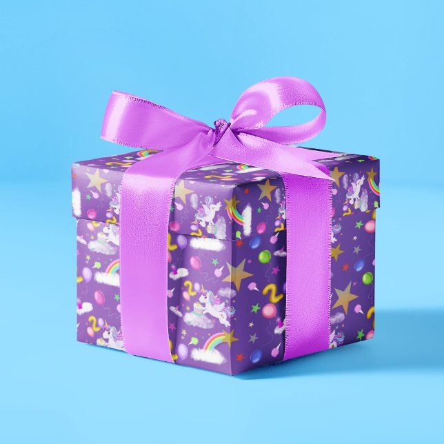 Purple Coloured 2nd Birthday Unicorn Pattern Wrapping Paper (Creator Uploaded)
