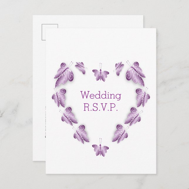 Purple Coloured Butterflies Design Wedding RSVP Invitation Postcard (Front/Back)
