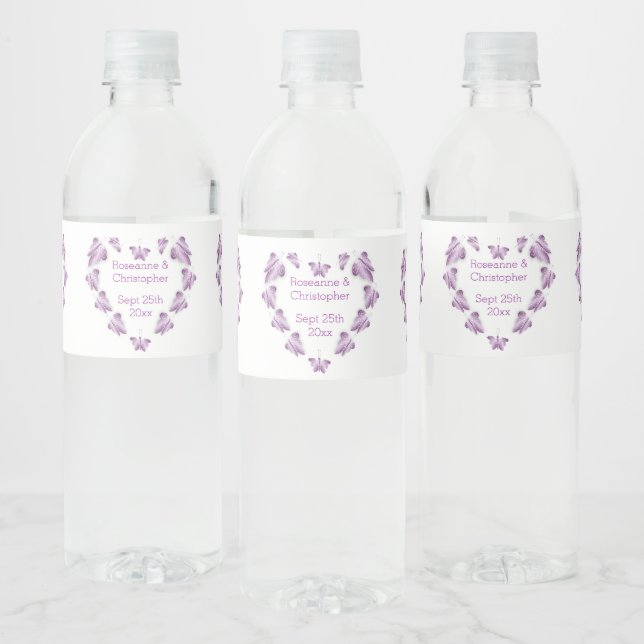 Purple Coloured Butterflies Design Wedding Water Bottle Label (Bottles)