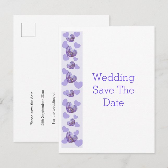 Purple Coloured Floral Heart Wedding Save The Date Announcement Postcard (Front/Back)