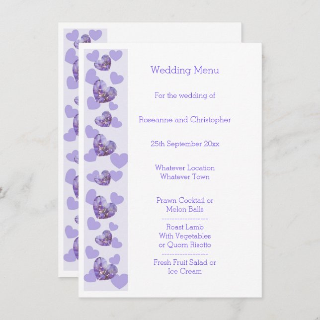 Purple Coloured Wisteria Heart Design Wedding Menu (Front/Back)