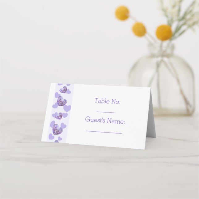 Purple Coloured Wisteria Heart Design Wedding Place Card (Front)