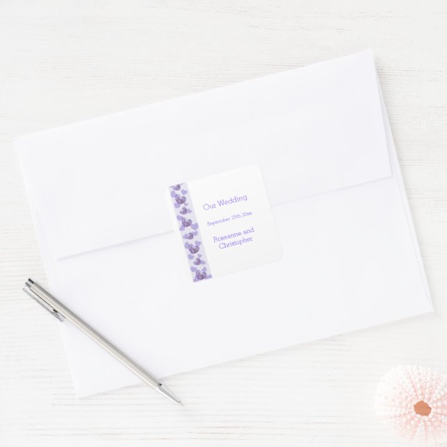 Purple Coloured Wisteria Heart Design Wedding Square Sticker (Envelope)