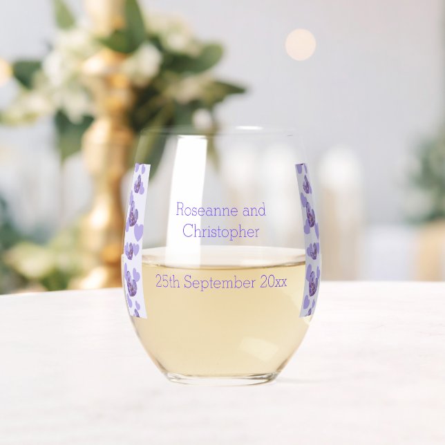 Purple Coloured Wisteria Heart Design Wedding Stemless Wine Glass (Insitu (Wedding))