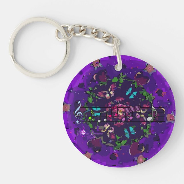 Purple Colourful Abstract Flowers & Music Key Ring (Front)