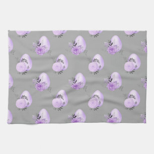 Purple Colourful Flower Botanical Easter Egg Style Tea Towel