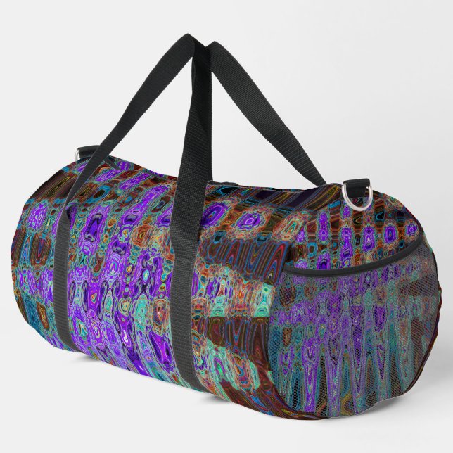 Purple Colourful Groovy Abstract Retro Atomic Wave Duffle Bag (Right Corner)