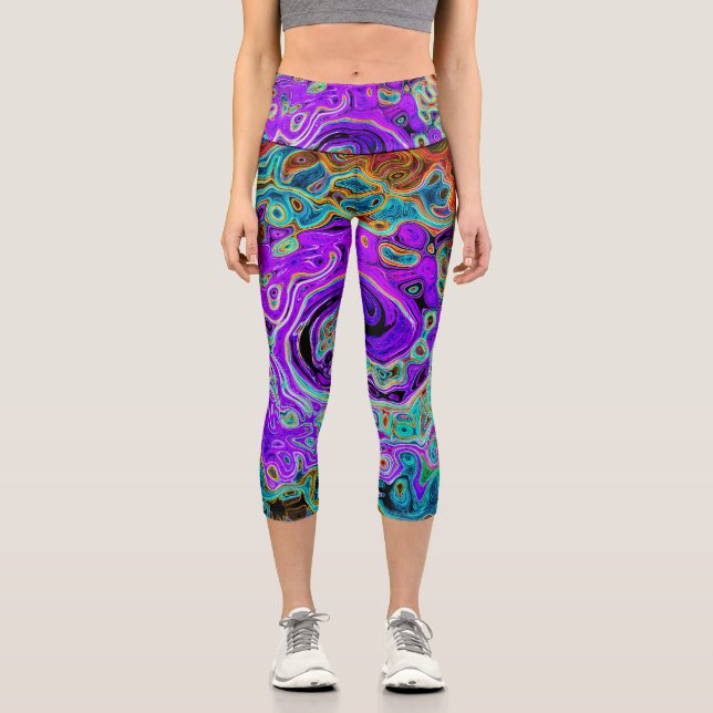 Purple Colourful Groovy Abstract Retro Liquid Swir Capri Leggings (Front)