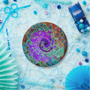 Purple Colourful Groovy Abstract Retro Liquid Swir Paper Plate