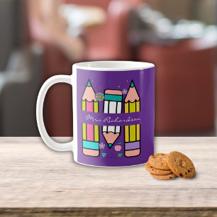 Purple Colourful teacher name pencil cartoon  Coffee Mug