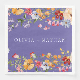 Purple Colourful Watercolor Wildflowers Wedding Napkin