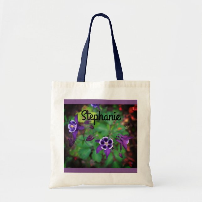 Purple Columbine Flowers & Name Tote Bag (Front)