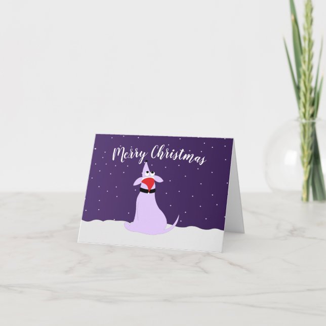 Purple comic dog Pig Dog in snow Christmas Holiday Card (Front)