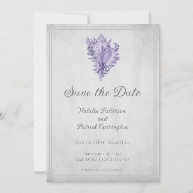 Purple Conch Shell Save the Date Invite (Front)