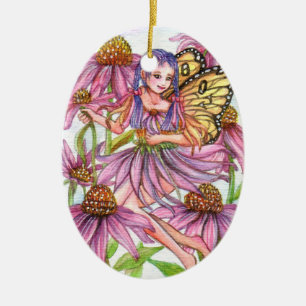 Purple Cone Flower Fairy Ceramic Tree Decoration