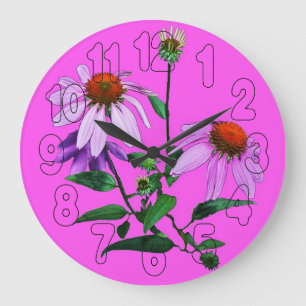 Purple Coneflower On Pink Large Clock