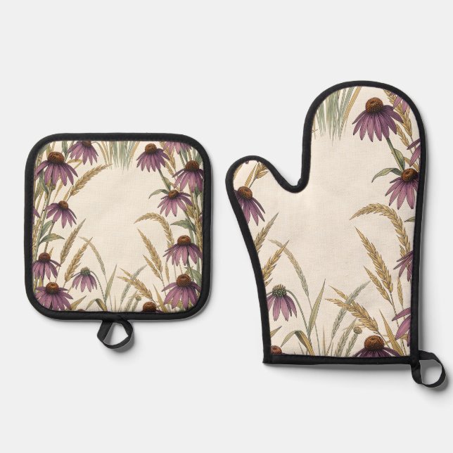 Purple Coneflower Wheat Botanical  Oven Mitt & Pot Holder Set (Front)
