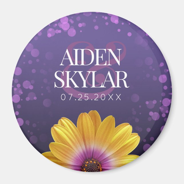 Purple Confetti African Daisy Floral Wedding Magnet (Front)