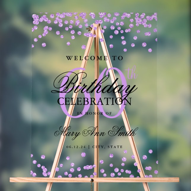 Purple Confetti Glitter 60th Birthday Welcome  Acrylic Sign (Neutral)