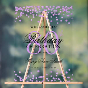 Purple Confetti Glitter 80th Birthday Welcome Acrylic Sign