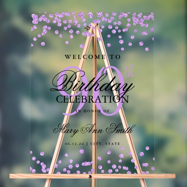 Purple Confetti Glitter 90th Birthday Welcome  Acrylic Sign (Neutral)