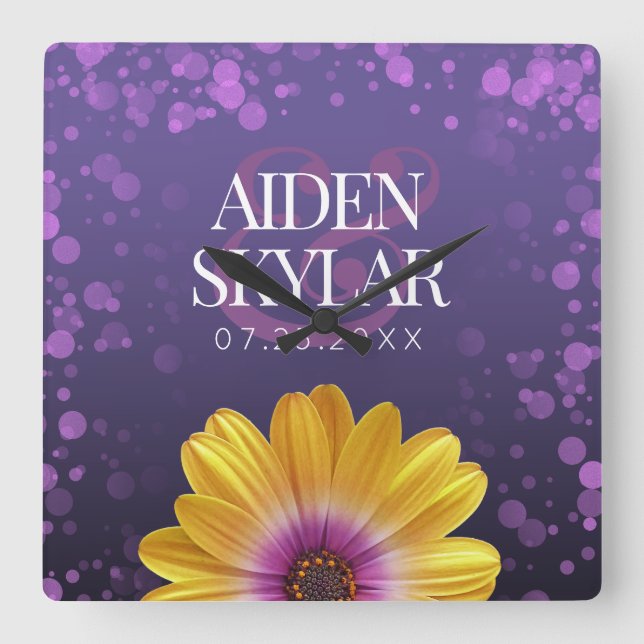 Purple Confetti Gold African Daisy Floral Wedding Square Wall Clock (Front)