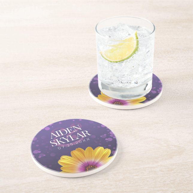 Purple Confetti Gold African Daisy Wedding Coaster (Side)