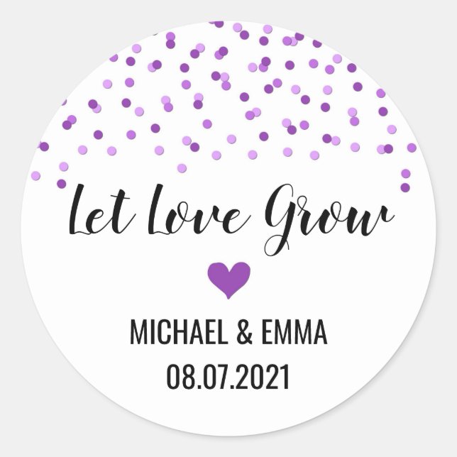 Purple Confetti Heart Let Love Grow Classic Round Sticker (Front)
