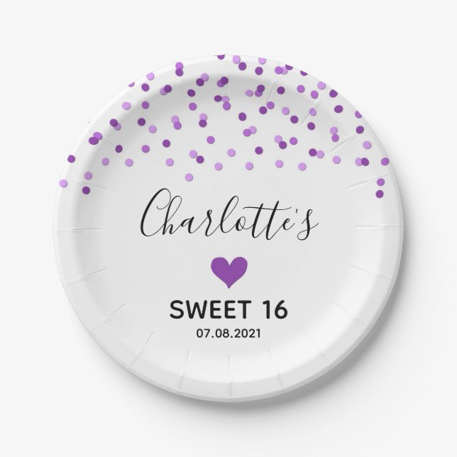 Purple Confetti Sweet 16 Birthday Party Paper Plate (Front)