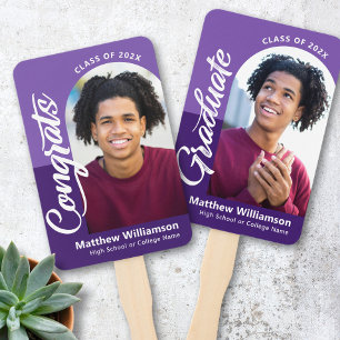 Purple Congrats Grad 2 Photos Arch Bold Script Hand Fan