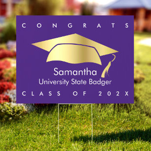 Purple Congrats Grad Gold Foil Graduation Yard Garden Sign