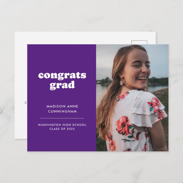 Purple Congrats Grad Photo Graduation Invitation Postcard (Front/Back)