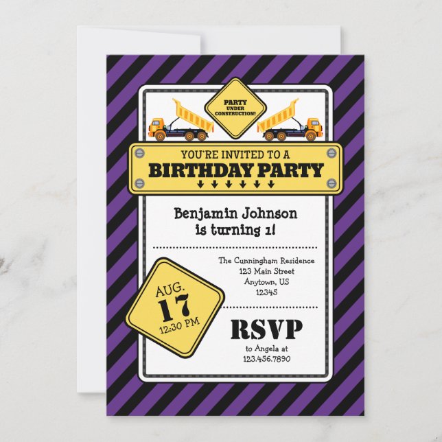 Purple Construction Birthday Invitation (Front)