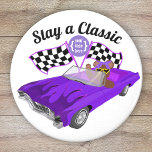 Purple Convertible Classic Car, Chequered Flags Magnet<br><div class="desc">A fun wearable magnet with a purple convertible and chequered race flags is versatile for car shows and fund raisers. Advertise your girl's youth organisation,  or girl's club / chapter proudly. Easily change the wording and upload your logo for a finishing touch!</div>