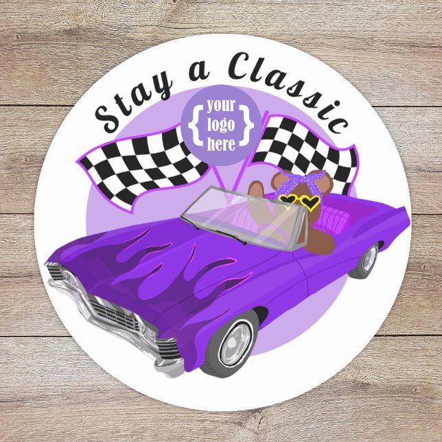 Purple Convertible Classic Car, Chequered Flags Round Sticker (purple class car show logo sticker, bear driving a convertible, girls youth organization club logo)